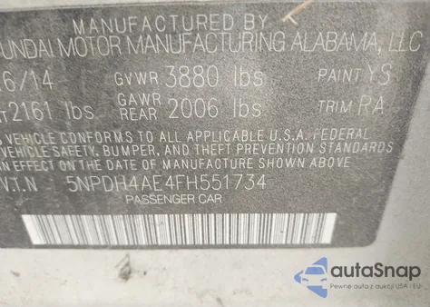 2015 Hyundai Elantra Se z USA, uszkodzony, nr VIN 5NPDH4AE4FH551734